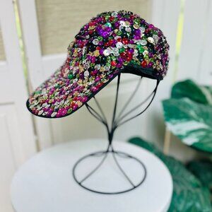 Vintage Sequined Girls Hat Pink Green Red Silver Black Sequined Ball Cap